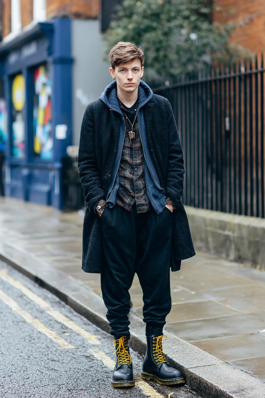Layered Urban Outfit: Overcoat, Hoodie, Plaid Shirt and Combat Boots