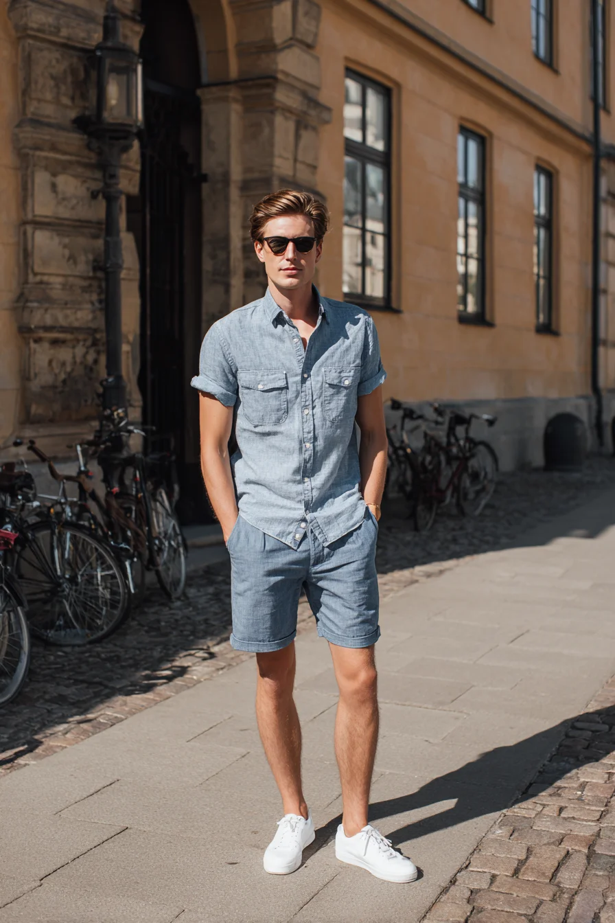 Light Chambray Summer Outfit: Mens Shirt, Shorts & White Sneakers