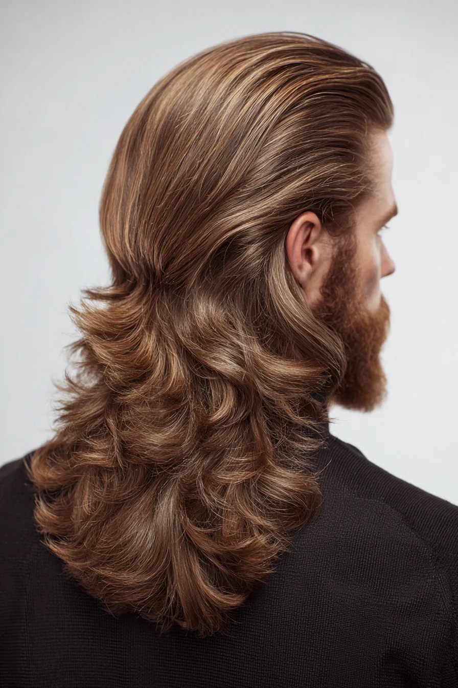 Long Layered Mens Cut — Slicked-Back Top with Feathered Waves