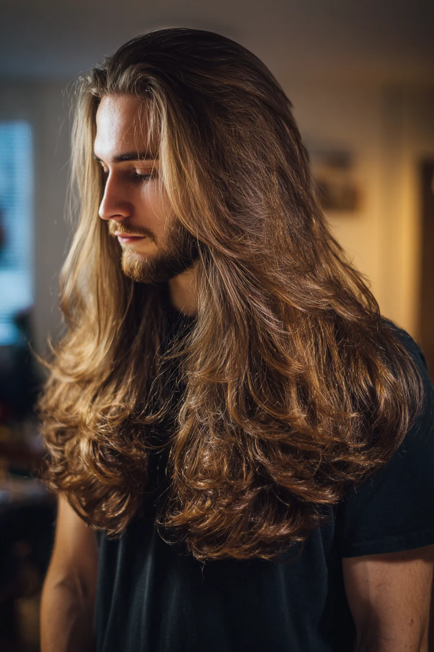 Long Layered Mens Hairstyle with Natural Waves and Volume