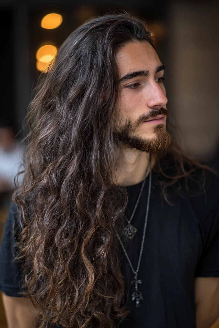 Long Wavy Mens Hairstyle — Layered Natural Texture for Thick Hair