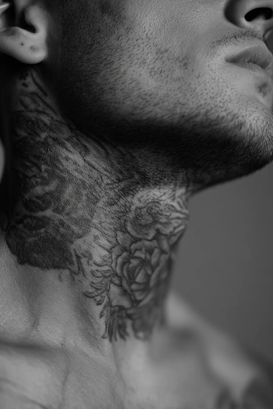 Masculine Black-and-Gray Rose Neck Tattoo — Side Neck Floral Design