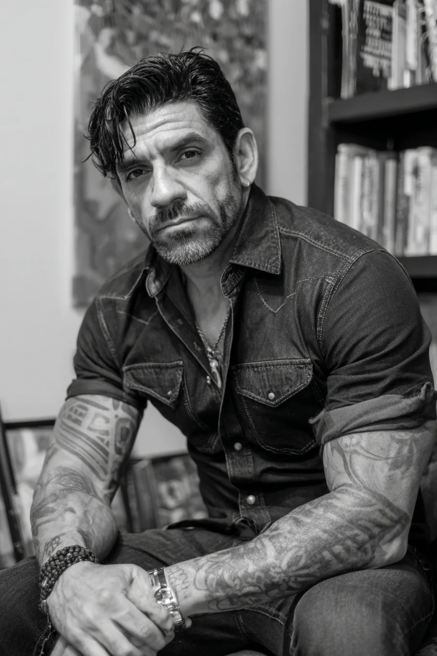 Masculine Black-and-Gray Sleeve Tattoo — Tribal Elements & Realistic Shading