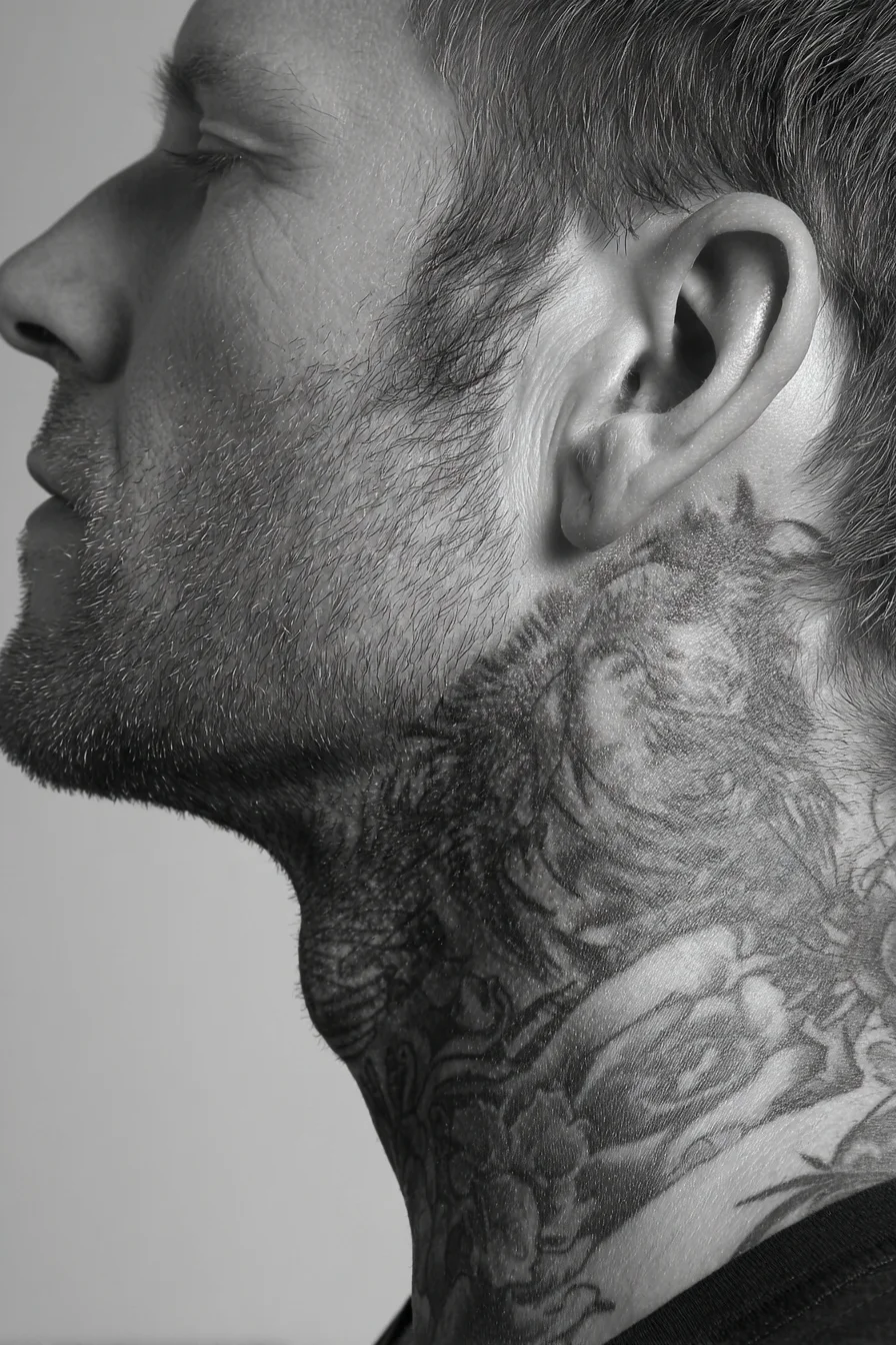 Masculine Black-and-Grey Side Neck Tattoo — Floral & Portrait Collage