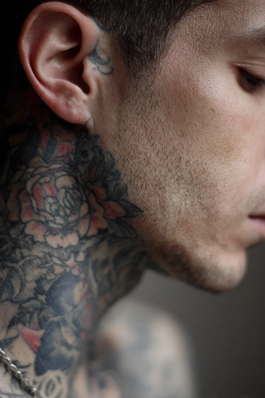 Masculine Floral Neck Tattoo — Peony-Inspired Side Neck Design