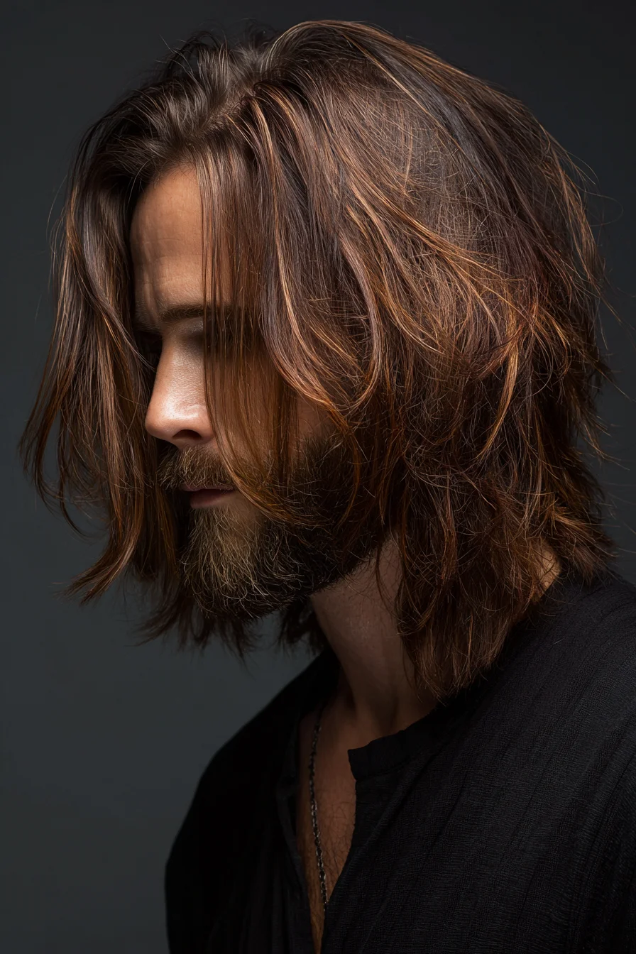 Medium-Length Layered Shag with Curtain Fringe for Men