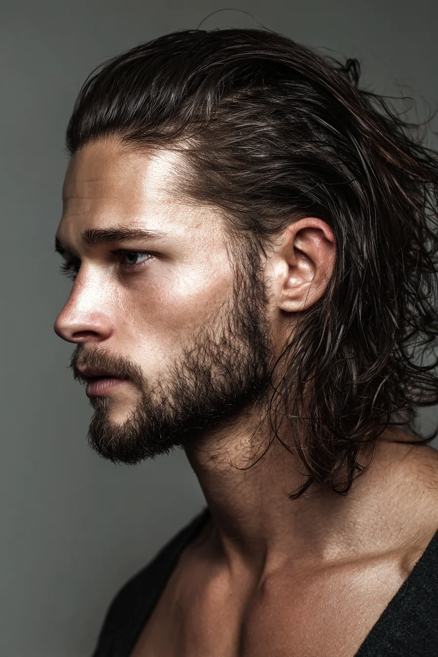Medium-Length Textured Slick Back Hairstyle for Men