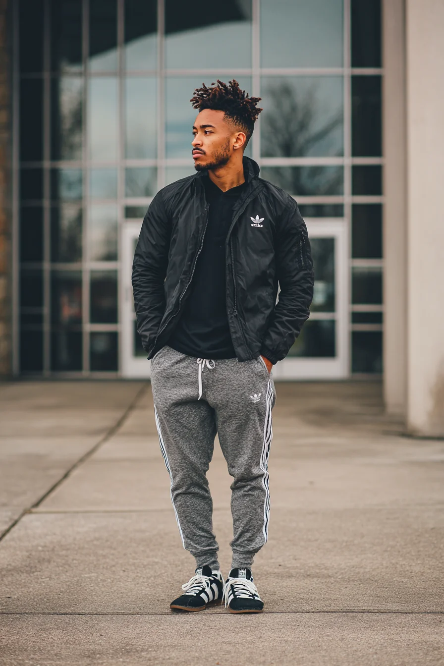 Mens Athleisure: Black Bomber, Grey Track Pants & Classic Sneakers