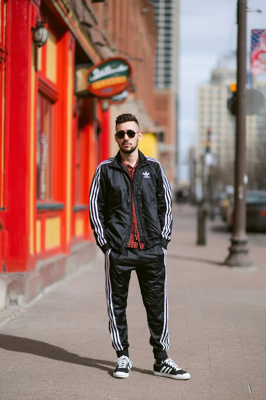 Mens Athleisure Street Style: Black Three‑Stripe Tracksuit with Red Plaid Accent