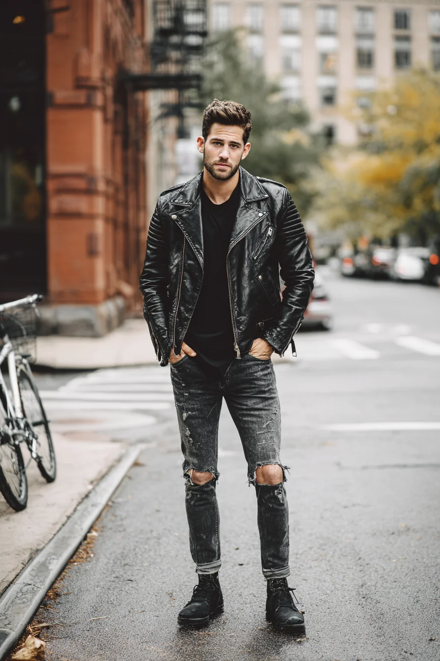 Mens Biker Leather Jacket Outfit — Modern Street-Style with Ripped Jeans