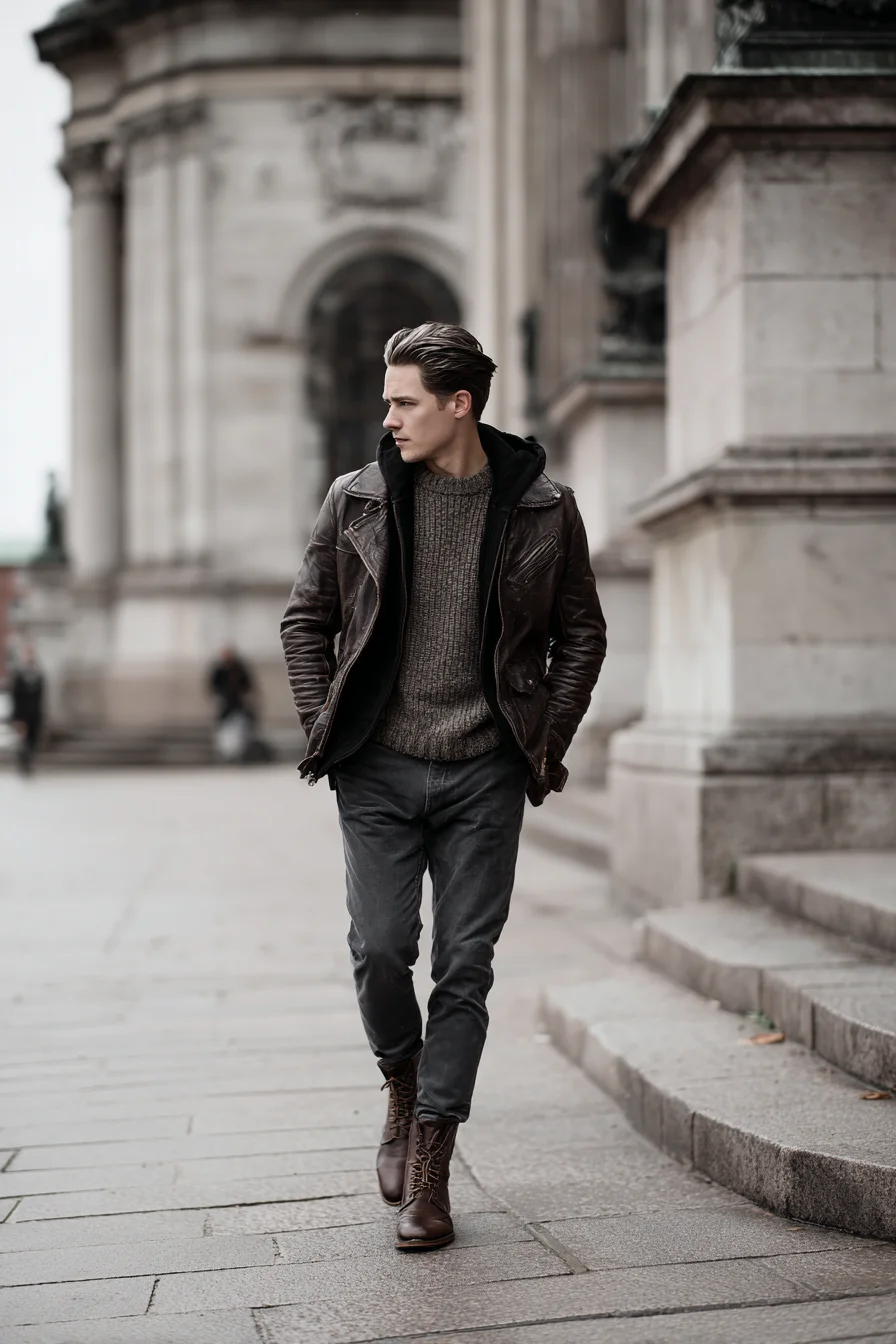 Mens Brown Leather Jacket Outfit — Sweater, Slim Jeans & Lace‑Up Boots