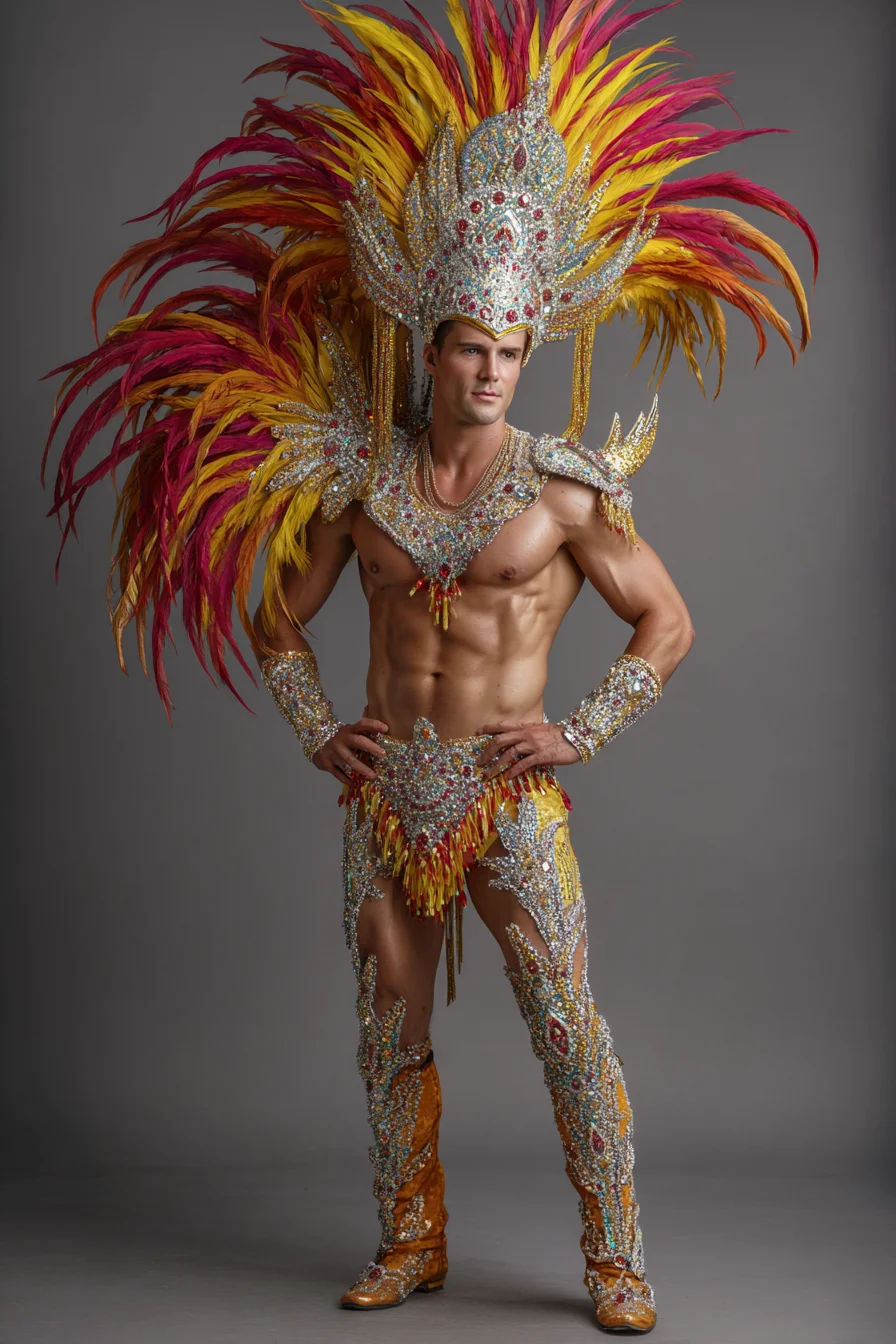 Mens Carnival Costume: Feathered Headdress & Embellished Performance Wear