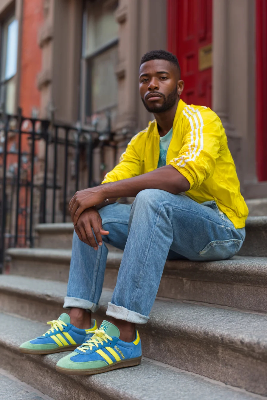 Mens Casual Street Style — Yellow Track Jacket & Retro Blue Sneakers