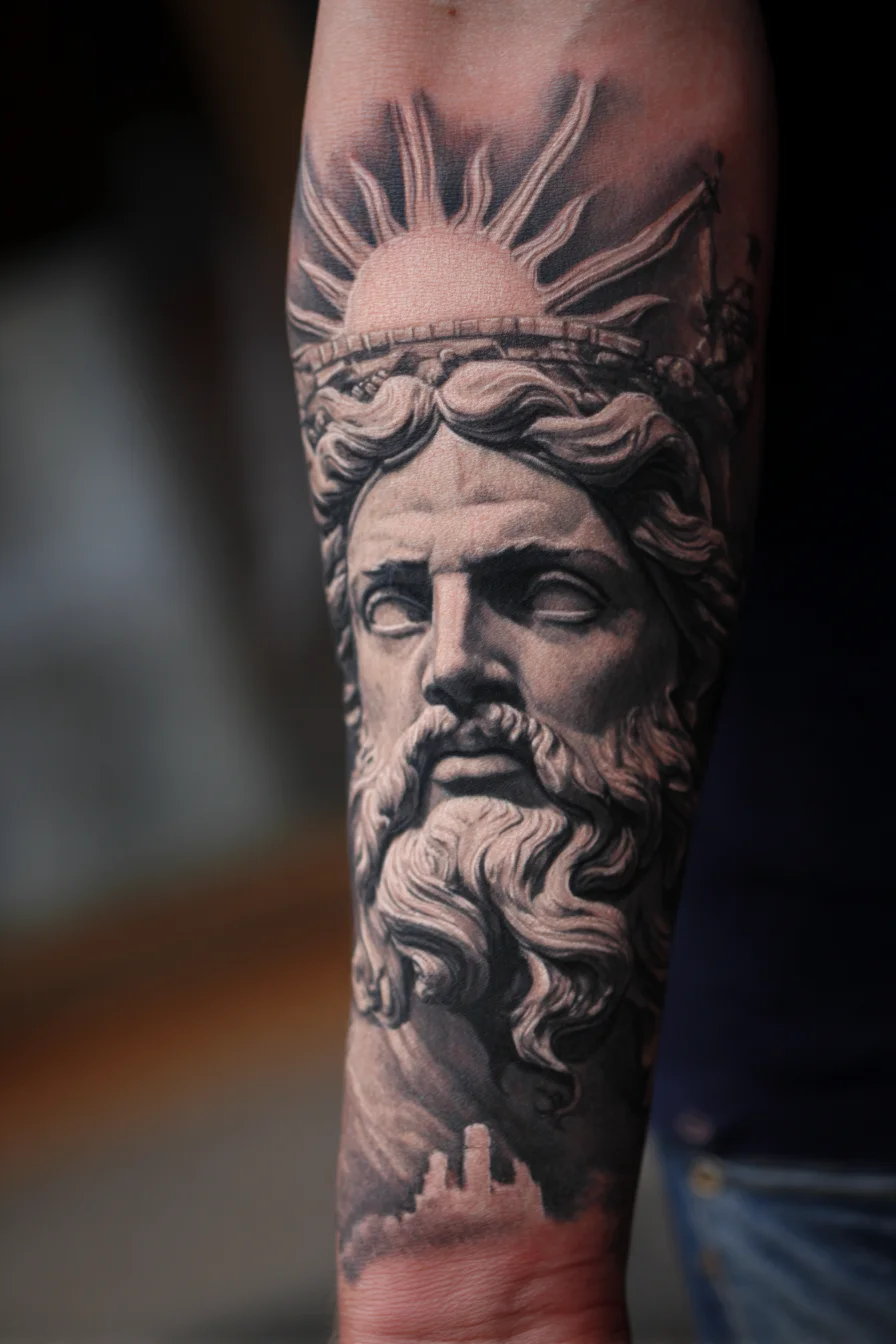 Mens Casual Streetwear: Navy Tee with Forearm Tattoo and Indigo Jeans