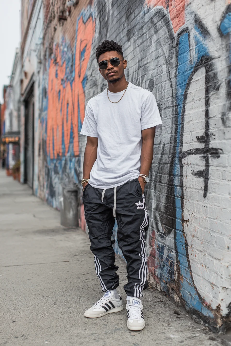 Mens Casual Streetwear — White Tee, Black Track Pants & Retro Trainers