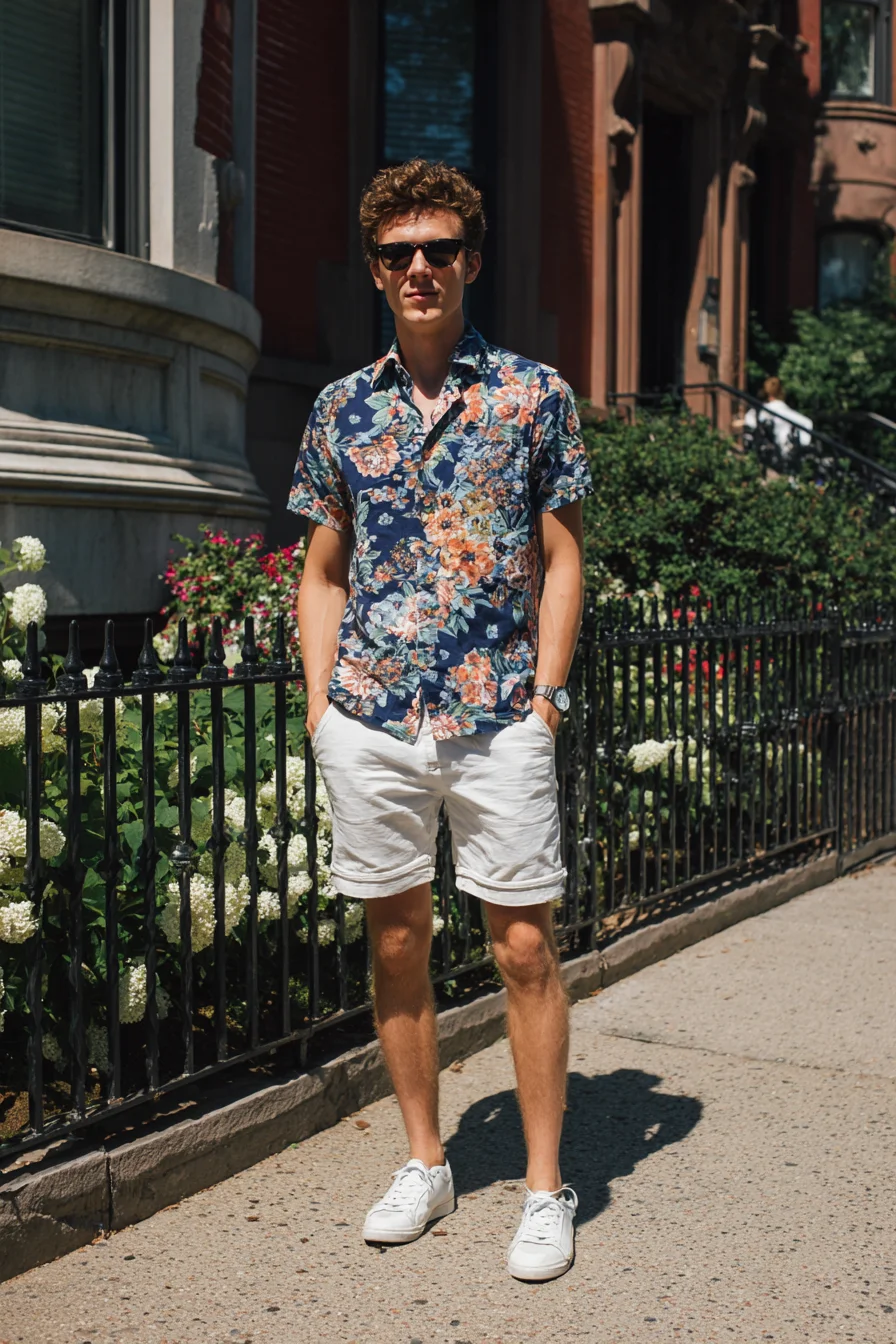 Mens Casual Summer: Floral Shirt with White Shorts & Low-Profile Sneakers