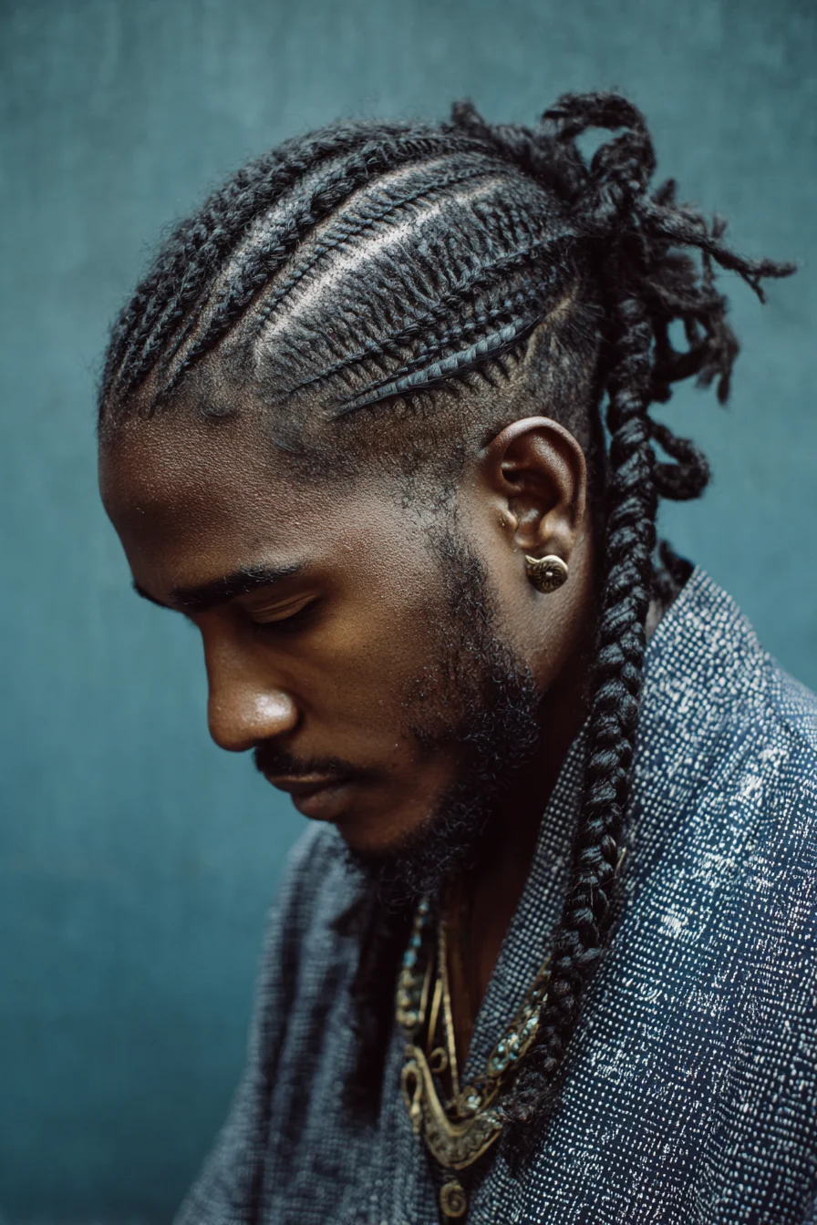 Mens Cornrow Feed‑In Braids with Long Back Braids — Textured Hair Style