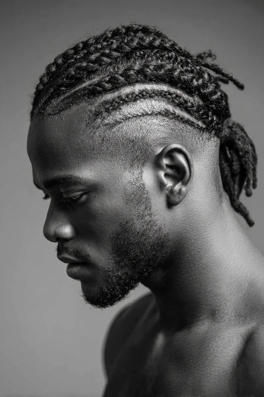 Mens Cornrows with Low Fade and Short Dread Ponytail