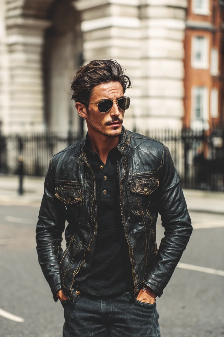 Mens Distressed Leather Jacket Street Style — Casual, Modern Edge