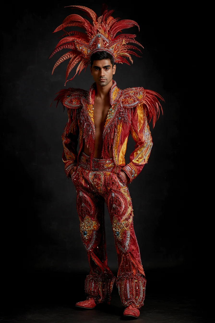 Mens Embellished Carnival Suit — Feathered, Beaded Showman Styling
