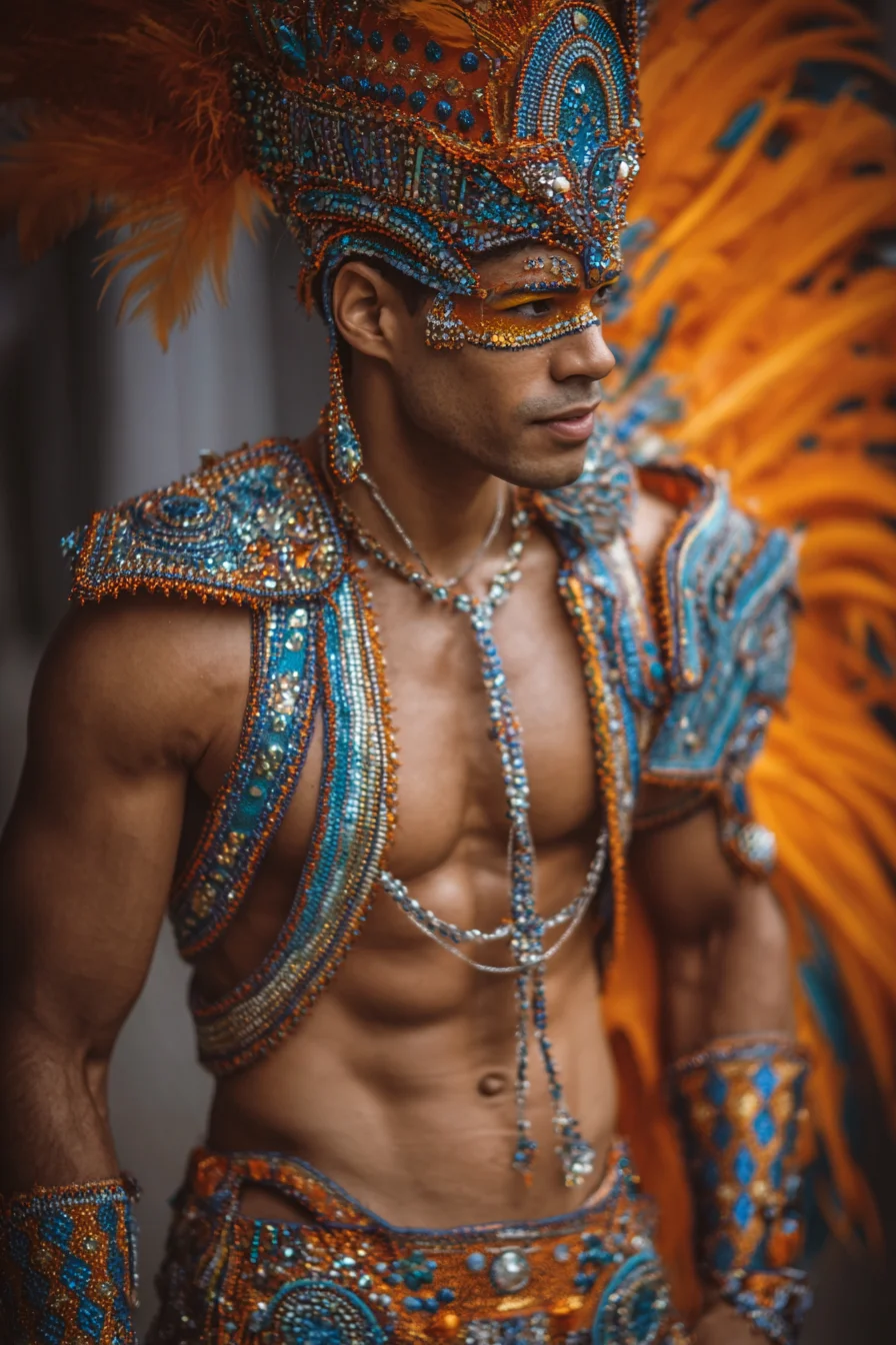 Mens Festival Costume — Beaded Carnival Headpiece, Statement Shoulders & Fit Guide