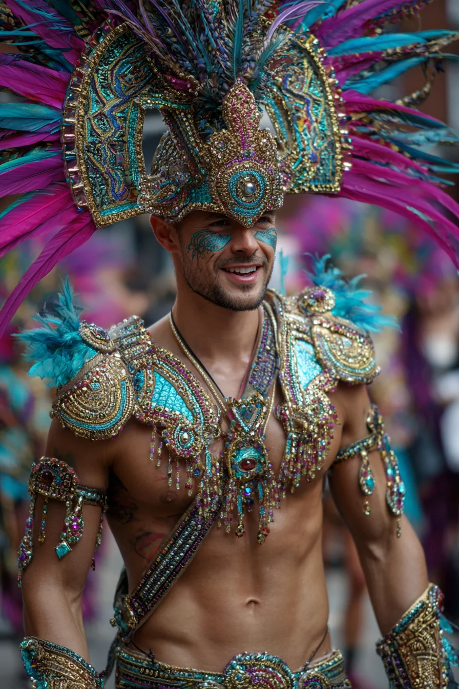 Mens Festival Costume: Embellished Jewel-Tone Harness & Feathered Headdress