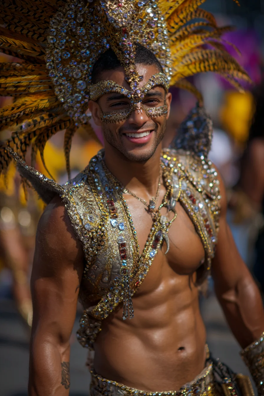 Mens Festival Outfit — Gold Embellished Harness & Feathered Headdress