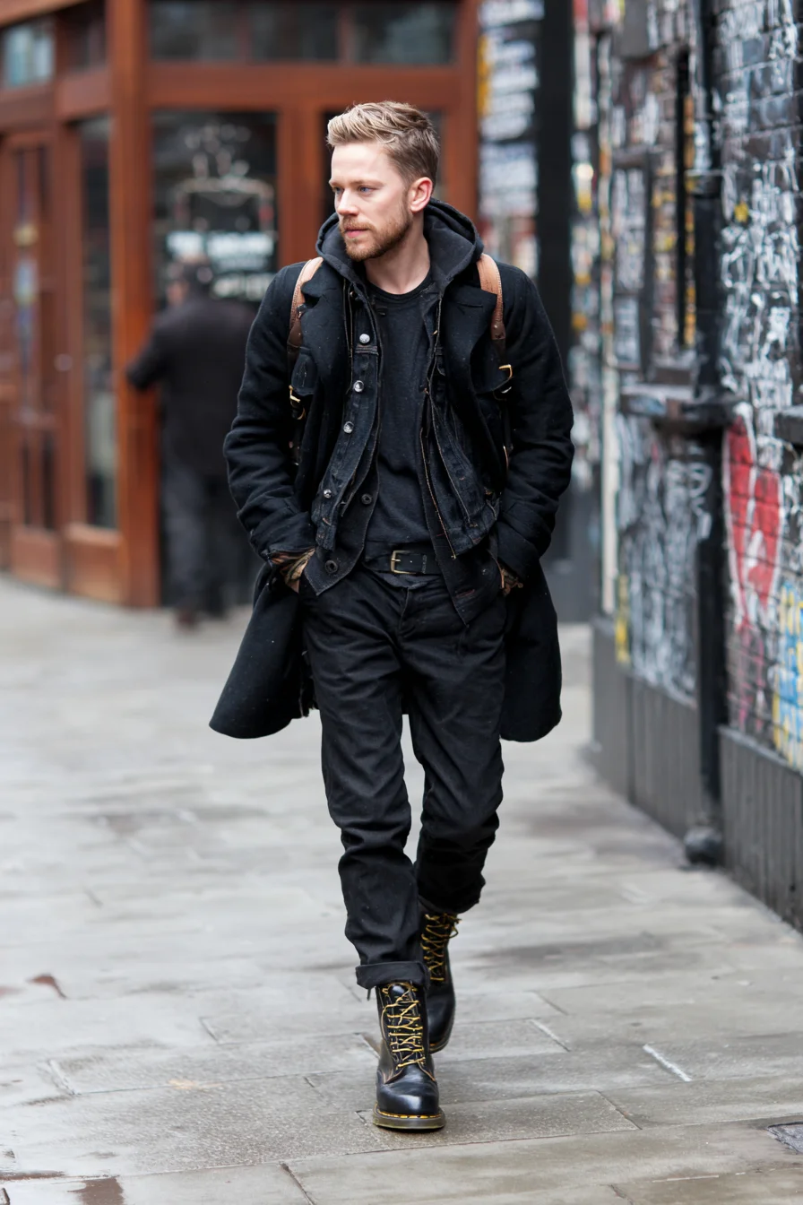Mens Layered Urban Streetwear — Black Coat, Hoodie, Slim Trousers & Lace-Up Boots