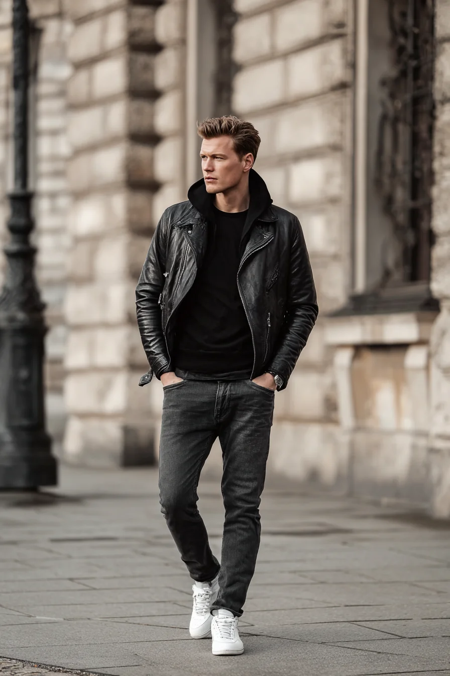 Mens Modern Monochrome: Leather Jacket, Charcoal Jeans & White Sneakers