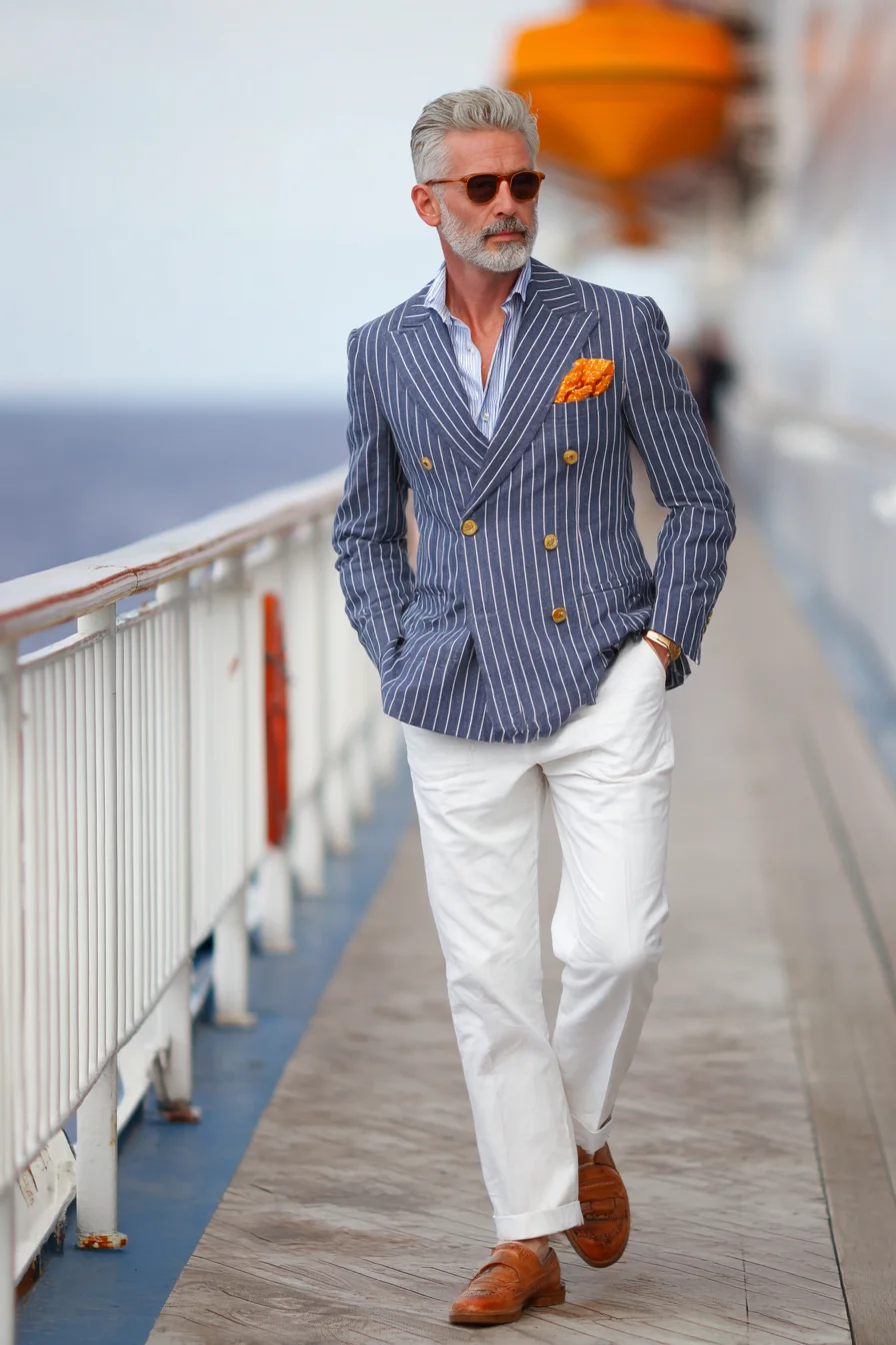 Mens Navy Pinstripe Double-Breasted Blazer with White Chinos — Smart Casual