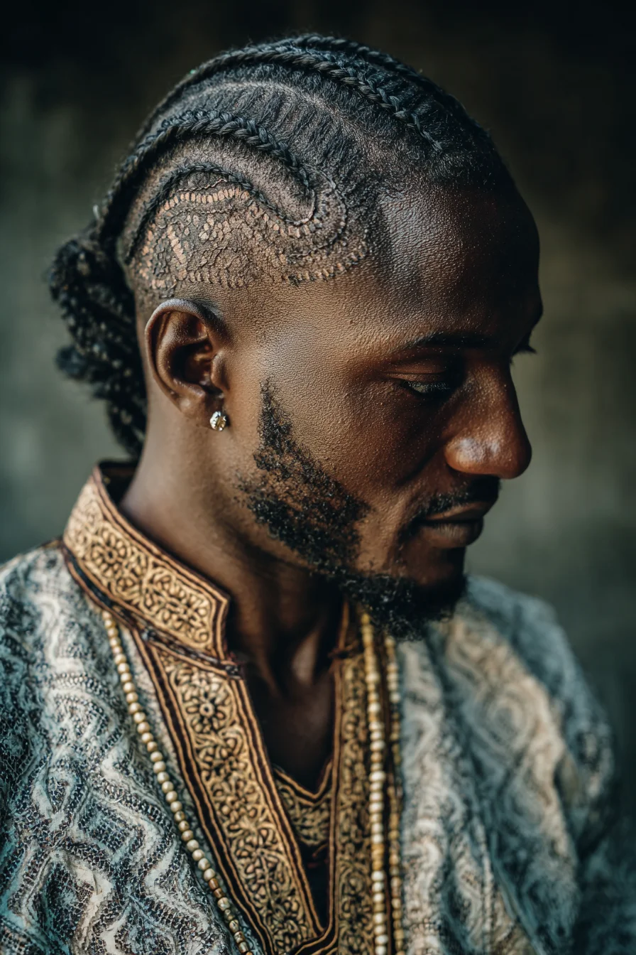 Mens Sculpted Cornrows with Shaved Design — Braided Hairline & Low Bun
