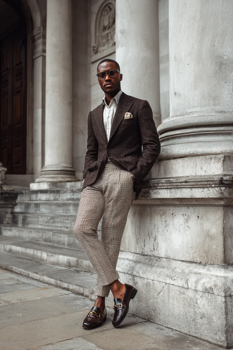 Mens Smart-Casual: Brown Tweed Blazer with Patterned Trousers