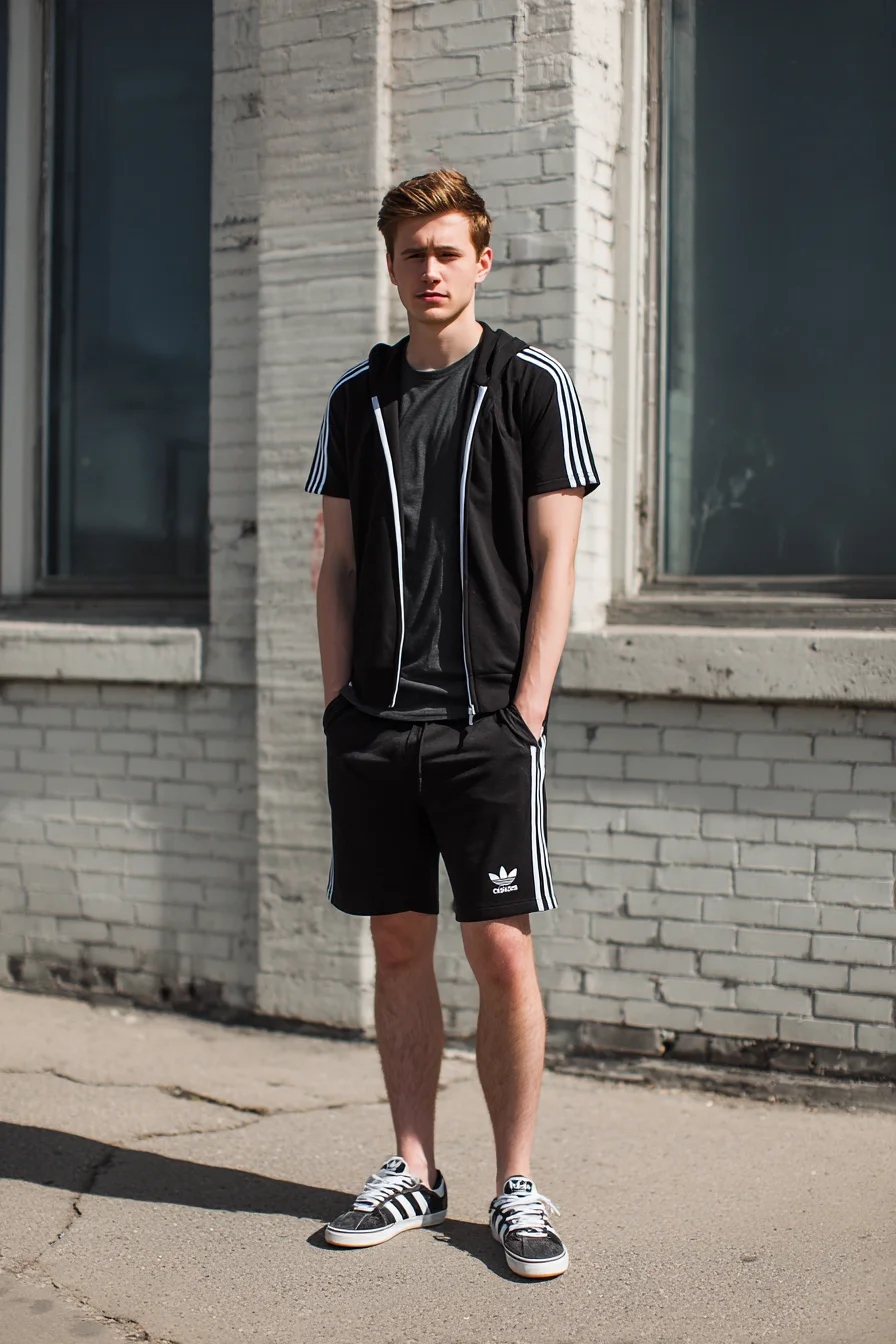 Mens Sporty Streetwear: Black Track Shorts, Zip Hoodie & Classic Sneakers