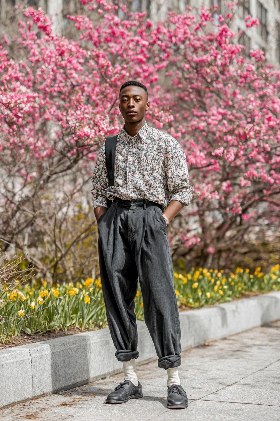 Mens Spring Smart-Casual: Floral Shirt with High‑Waist Pleated Wide Trousers