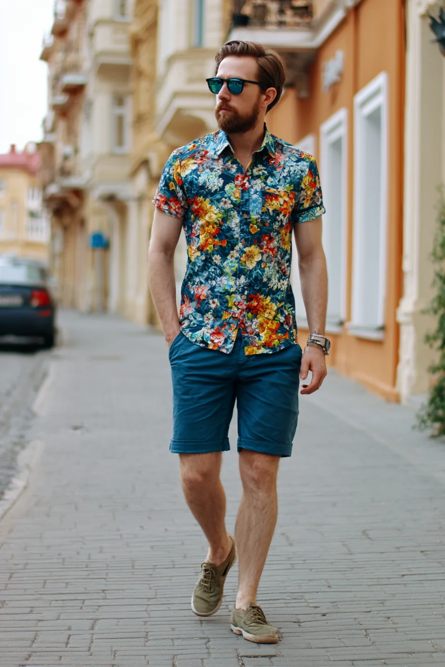 Mens Summer Casual: Floral Shirt with Tailored Blue Shorts