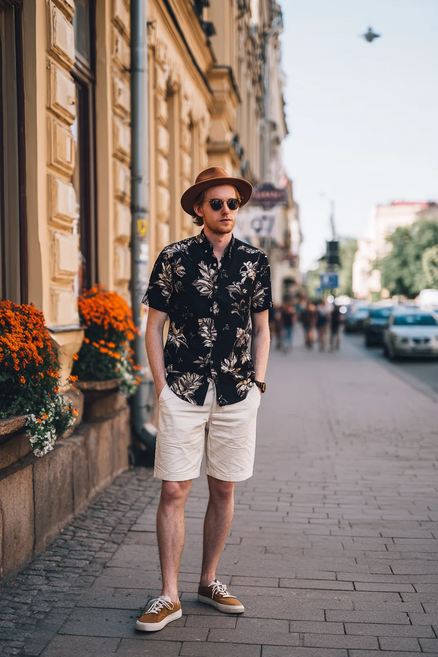 Mens Summer Casual: Floral Short-Sleeve Shirt, Chino Shorts & Suede Sneakers