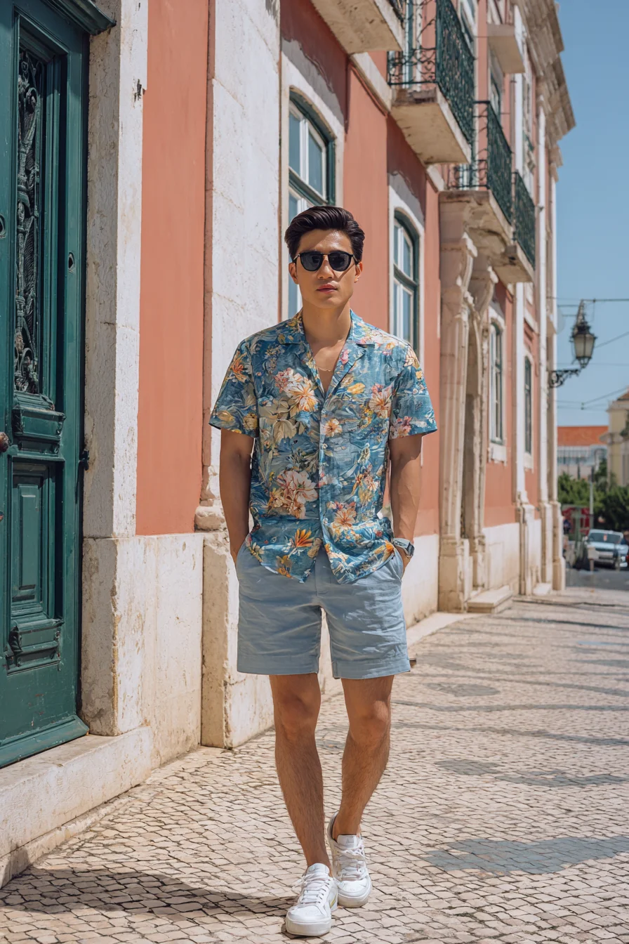 Mens Summer Outfit: Camp-Collar Floral Shirt, Tailored Shorts & White Sneakers