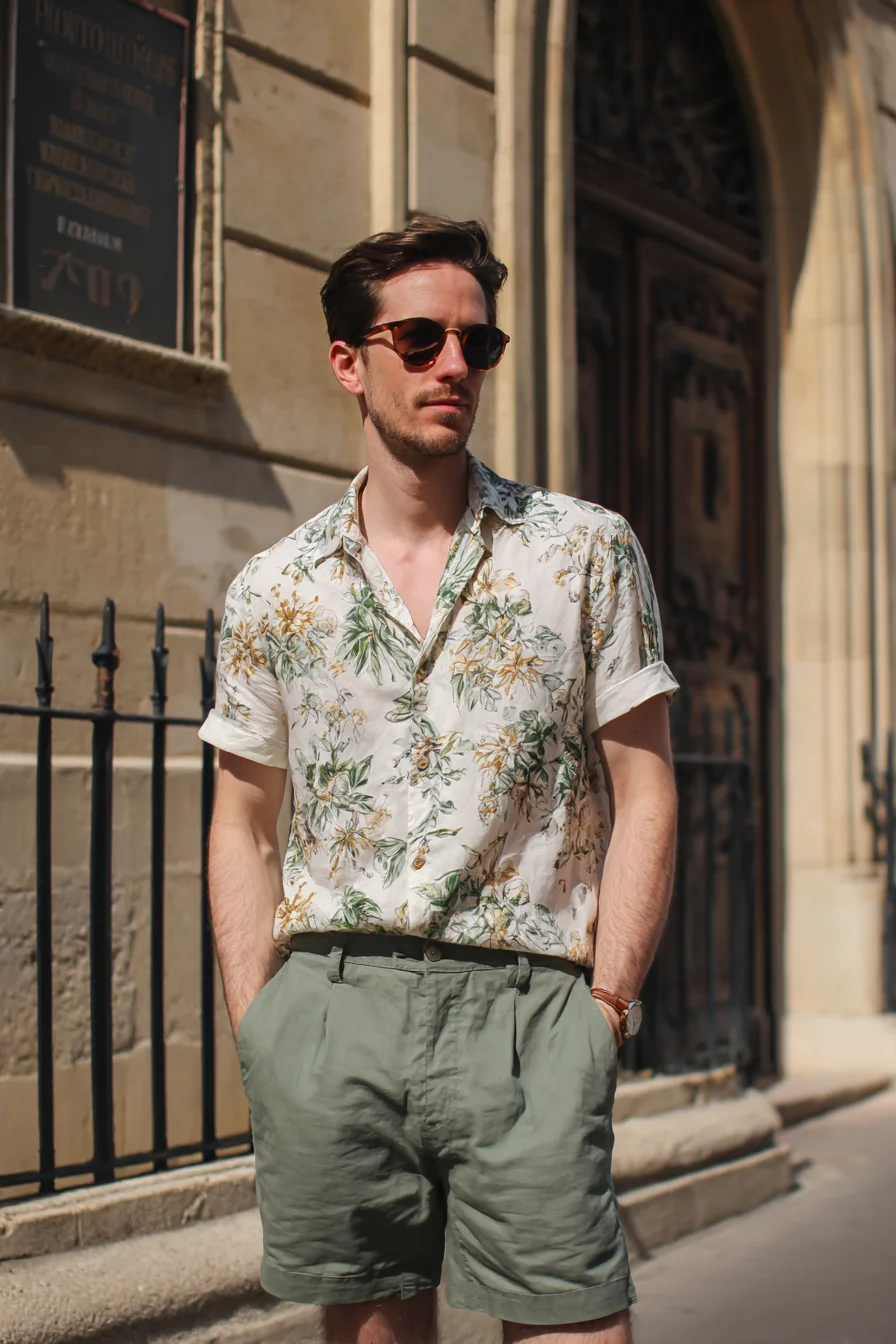Mens Summer Outfit: Floral Linen Shirt with Olive Shorts
