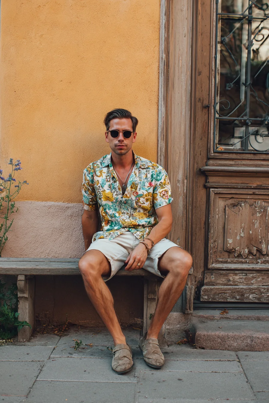 Mens Summer Outfit: Printed Shirt, Neutral Shorts & Suede Loafers