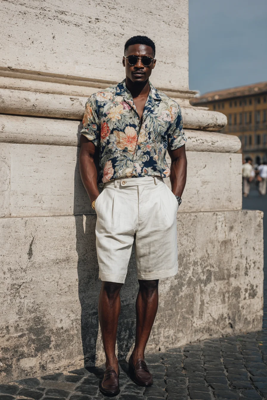 Mens Summer Style: Floral Camp Shirt with Tailored Linen Shorts