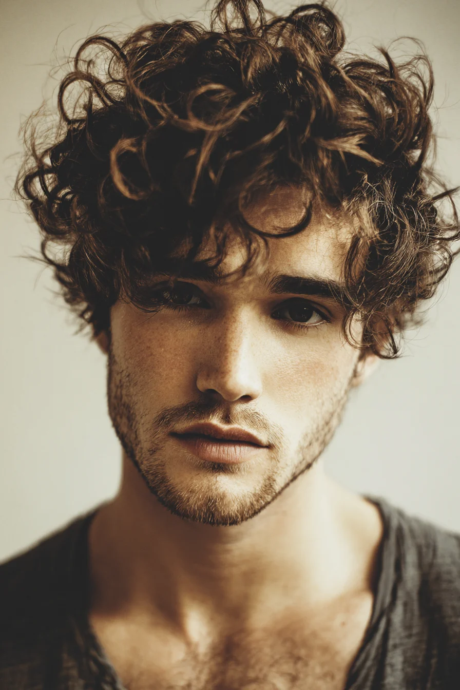 Mens Textured Curly Fringe — Medium-Length Messy Curls with Taper