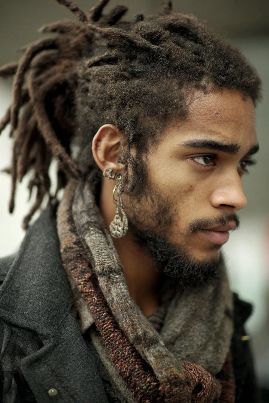Mens Textured Dreadlocks Pulled-Back Ponytail
