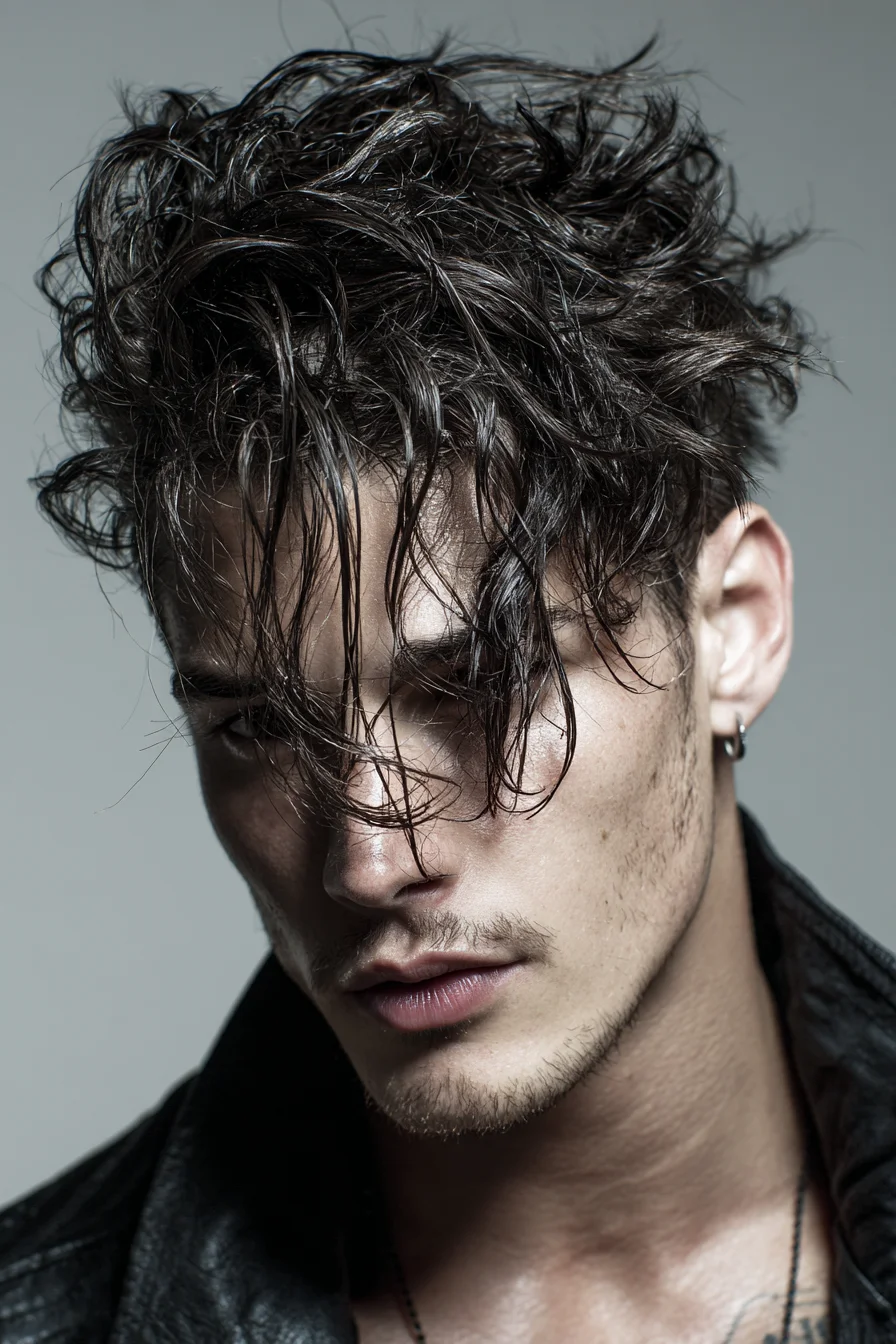 Mens Textured Wet-Look Fringe with Tousled Top