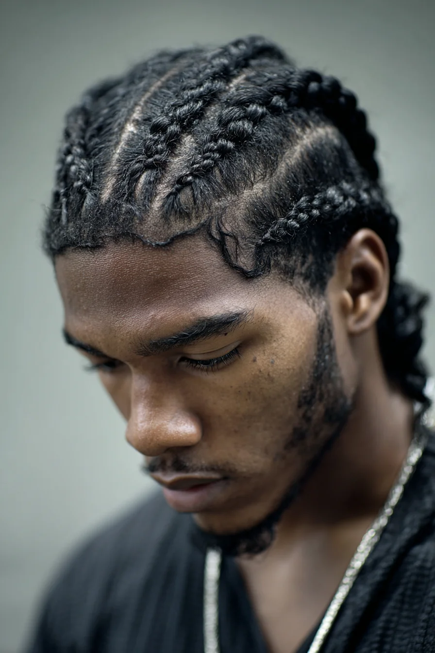 Mens Tight Cornrows with Sculpted Edges — Low Back Braids for Textured Hair