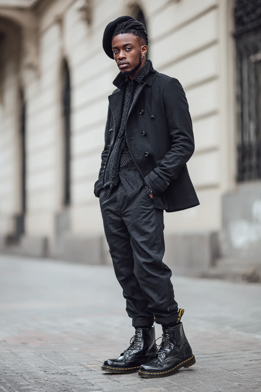 Modern All-Black Street-to-Smart Look: Peacoat, Cuffed Trousers & Combat Boots