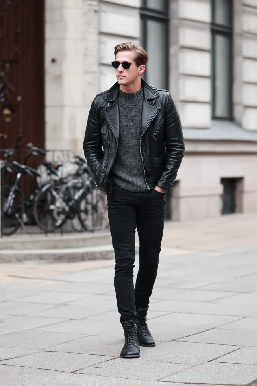 Modern Mens Biker Look: Black Leather Jacket, Knit Sweater & Slim Boots