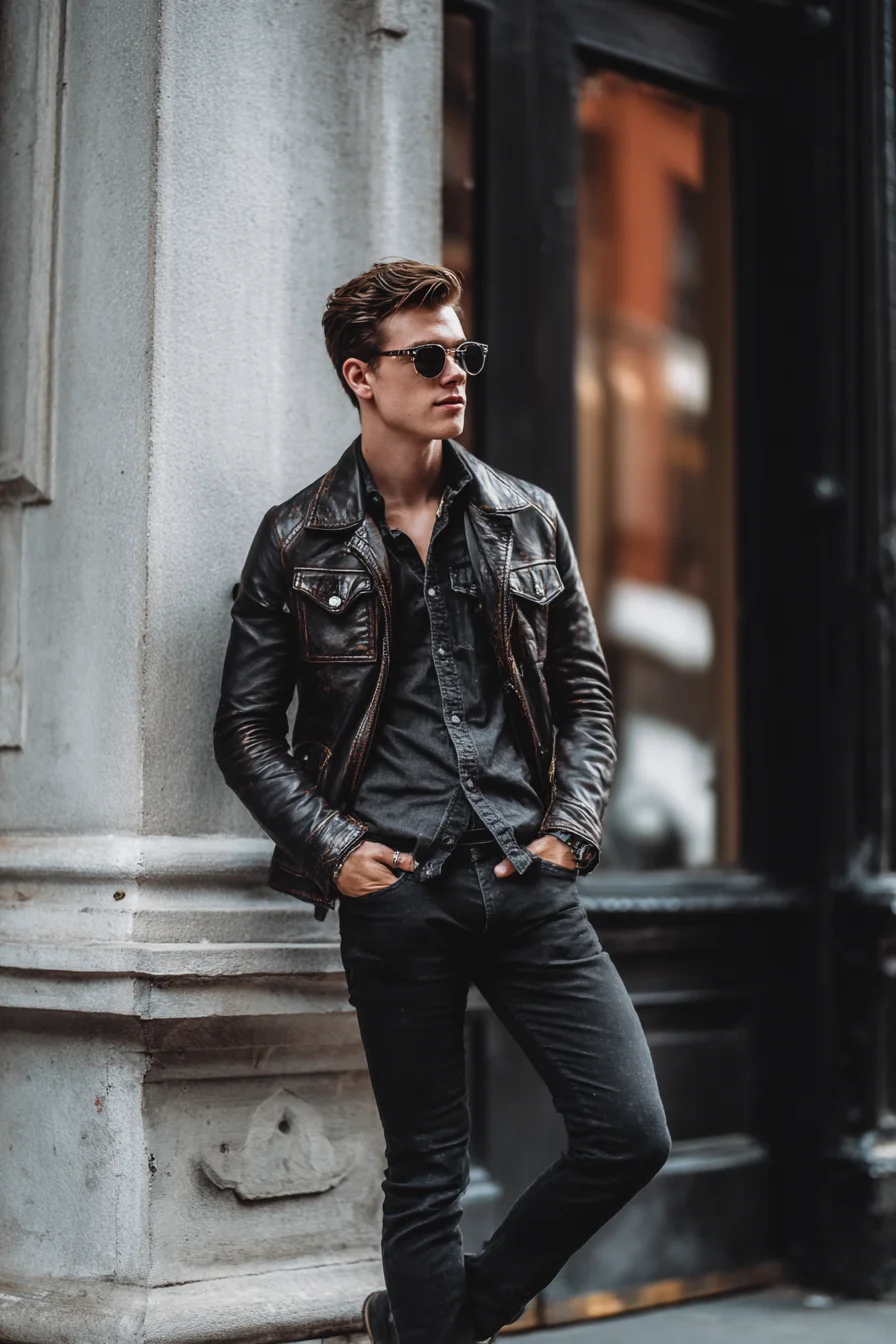 Modern Mens Leather Jacket Outfit — Urban Casual with Dark Denim & Sunglasses