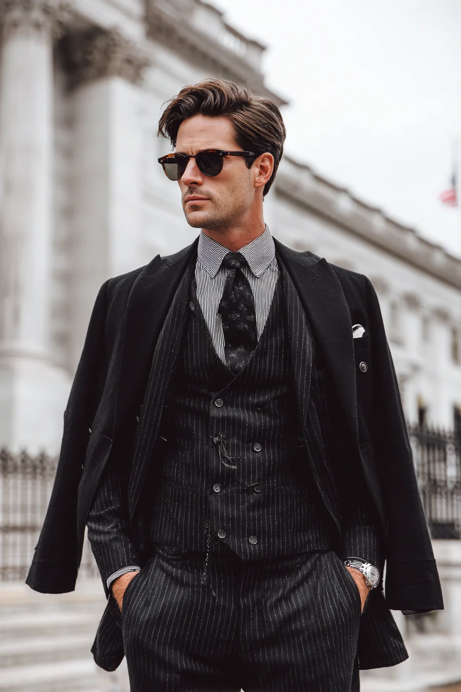 Modern Mens Pinstripe Three-Piece Suit — Tailored Business & Evening Styling