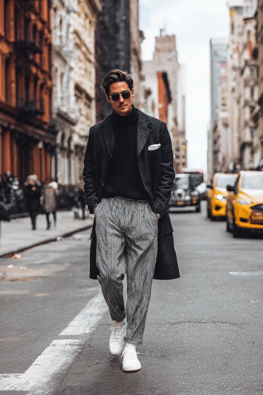 Modern Monochrome: Overcoat, Turtleneck & Striped Trousers for City Style