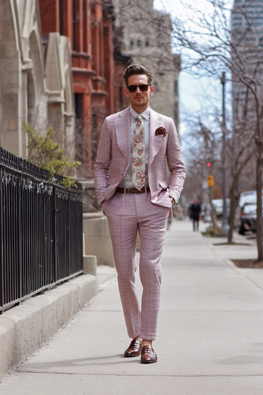 Modern Rose-Check Suit Styling: Slim Fit, Pattern Mixing & Brown Leather Accents